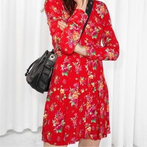 & Other Stories Red Floral Pleated Button Down Dress Womens Size 8 fits like 6